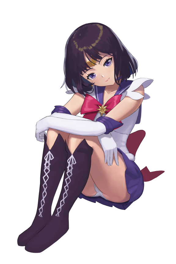 1girl back_bow bishoujo_senshi_sailor_moon black_hair boots bow choker circlet closed_mouth cross-laced_footwear elbow_gloves full_body gloves head_tilt knee_boots lace-up_boots looking_at_viewer lud magical_girl panties pantyshot pantyshot_(sitting) pleated_skirt purple_footwear purple_neckwear purple_sailor_collar purple_skirt red_bow sailor_collar sailor_saturn sailor_senshi_uniform short_hair simple_background sitting skirt smile solo tomoe_hotaru underwear violet_eyes white_background white_gloves
