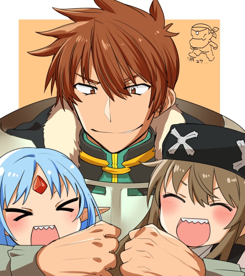 &gt;_&lt; 1boy 2girls ^_^ blue_hair blush_stickers brown_hair closed_eyes closed_eyes dated el_mofus_(rance_10) family father_and_daughter forehead_jewel long_hair multiple_girls open_mouth rance rance_(series) rance_10 reset_kalar sharp_teeth short_hair sicosour2 smile teeth
