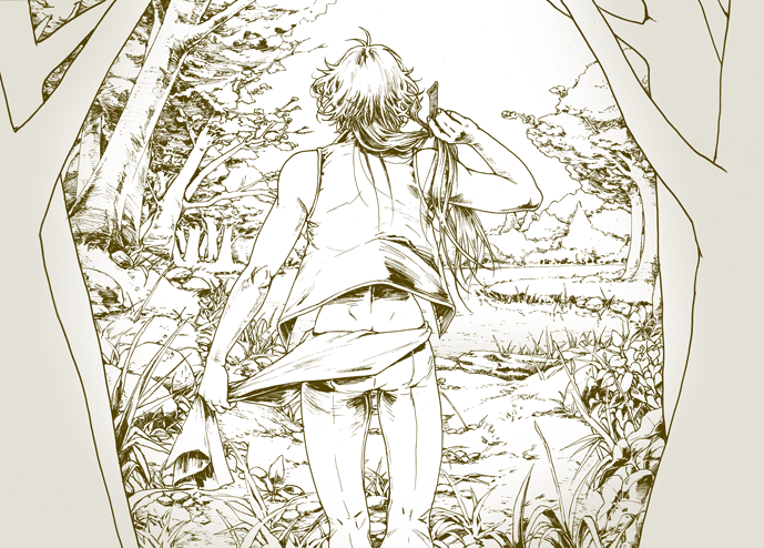 1boy character_request commentary_request final_fantasy forest iuko lake long_hair midriff monochrome nature river solo tree