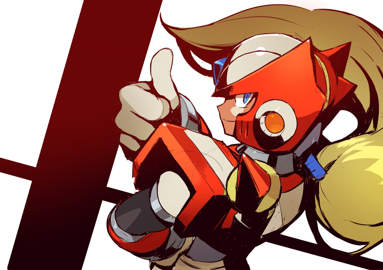 1boy android blonde_hair blue_eyes from_above gloves hand_on_hip helmet kin_niku long_hair looking_at_viewer male_focus ponytail rockman rockman_x smile solo thumbs_up upper_body white_gloves zero_(rockman)