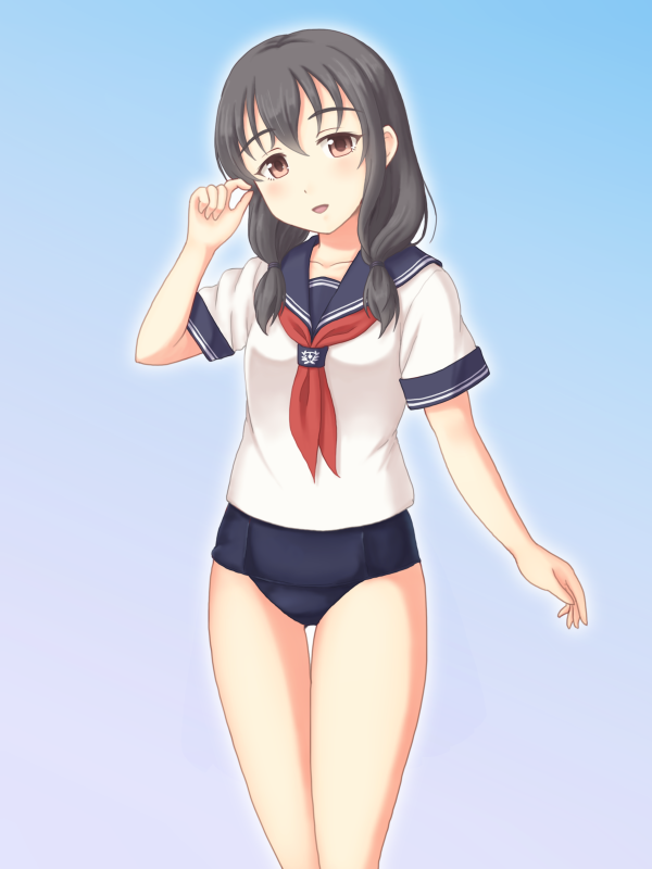 1girl alternate_costume alternate_hairstyle black_hair blouse blue_sailor_collar blue_swimsuit brown_eyes eyebrows_visible_through_hair fujiwara_hajime hair_between_eyes idolmaster idolmaster_cinderella_girls isaki_(gomi) long_hair looking_at_viewer neckerchief one-piece_swimsuit open_mouth sailor_collar school_swimsuit school_uniform serafuku short_sleeves skirt smile solo swimsuit swimsuit_under_clothes twintails