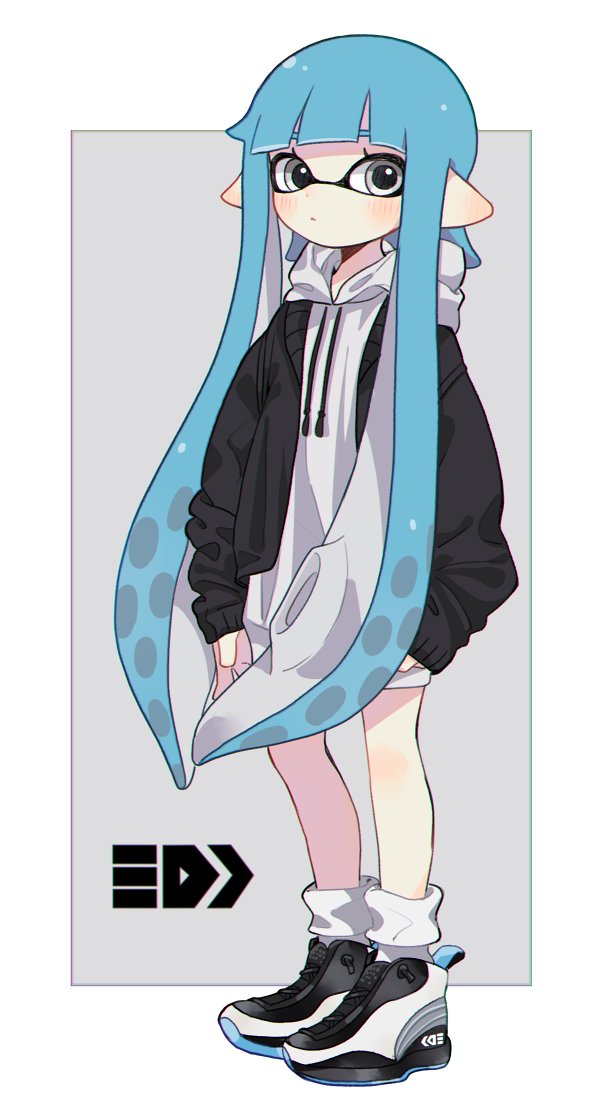 1girl bad_id bad_twitter_id bangs black_jacket blue_hair blunt_bangs closed_mouth domino_mask drawstring full_body grey_eyes hood hoodie inkling jacket light_blush light_frown logo long_hair long_sleeves looking_at_viewer maco_spl mask open_clothes open_jacket outside_border pointy_ears shirt shoes socks solo splatoon splatoon_(series) splatoon_1 standing tentacle_hair white_footwear white_legwear white_shirt