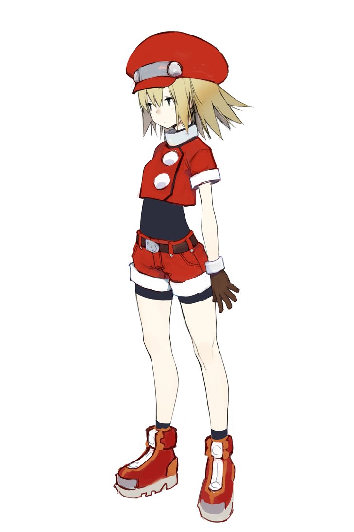 1girl belt bike_shorts bike_shorts_under_shorts blonde_hair breasts brown_gloves cabbie_hat full_body gloves hair_between_eyes hat jiyu2 red_footwear red_hat red_shorts rockman rockman_dash roll_caskett short_sleeves shorts simple_background small_breasts solo standing white_background