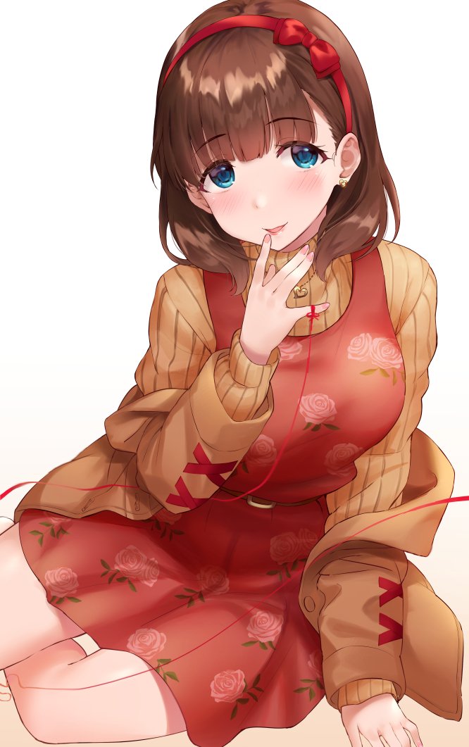 1girl bangs blue_eyes blush bow breasts brown_hair brown_jacket brown_sweater bvucki36gzoeq1c dress earrings eyebrows_visible_through_hair floral_print hairband heart heart_necklace idolmaster idolmaster_cinderella_girls jacket jewelry long_sleeves looking_at_viewer open_clothes open_jacket open_mouth parted_lips red_dress red_ribbon ribbed_sweater ribbon sakuma_mayu short_hair simple_background sitting smile solo sweater thighs turtleneck white_background