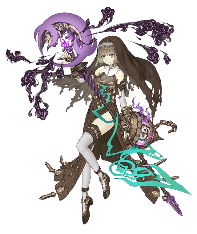1girl aqua_eyes bags_under_eyes bare_shoulders brown_hair cage chains crystal elbow_gloves eyebrows_visible_through_hair fingerless_gloves flat_chest frills full_body gauntlets gloves gold_trim gretel_(sinoalice) habit hansel_(sinoalice) holding holding_staff ji_no nun official_art sinoalice solo staff thigh-highs torn_clothes transparent_background