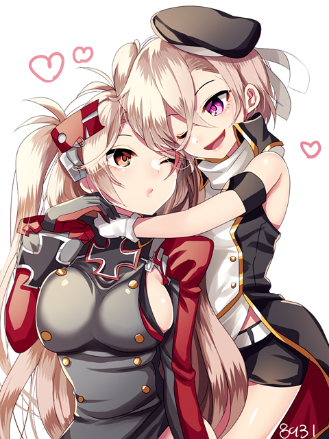 2girls azur_lane beret breasts commentary_request gloves hair_between_eyes hakusai_ponzu hat headgear heart hug iron_cross large_breasts long_hair multiple_girls one_eye_closed open_mouth pink_eyes prinz_eugen_(azur_lane) shorts sideboob silver_hair smile two_side_up white_background white_gloves z1_leberecht_maass_(azur_lane)