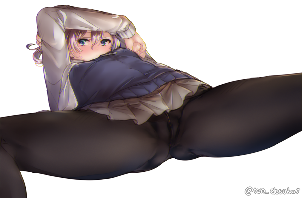 1girl bangs black_legwear blue_eyes blush closed_mouth commentary_request crotch_seam eyebrows_visible_through_hair grey_jacket grey_skirt hair_between_eyes jacket juurouta kantai_collection long_sleeves looking_at_viewer lying on_back pantyhose pink_hair pleated_skirt remodel_(kantai_collection) shiranui_(kantai_collection) shirt simple_background skirt solo spread_legs twitter_username white_background white_jacket white_shirt