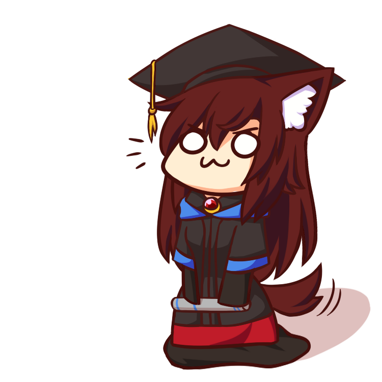 /\/\/\ 1girl :3 animal_ear_fluff animal_ears bangs brooch brown_hair chibi closed_mouth full_body hat imaizumi_kagerou jewelry long_hair long_sleeves mortarboard o_o solo standing tail tail_wagging touhou wolf_ears wolf_tail wool_(miwol)