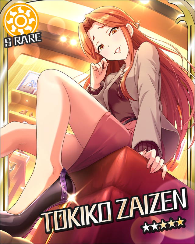 1girl artist_request belt breasts brown_eyes card_(medium) character_name eyebrows_visible_through_hair from_below grin hair_ornament high_heels idolmaster idolmaster_cinderella_girls indoors jacket jewelry legs lipstick long_hair looking_at_viewer looking_down makeup necklace official_art raised_eyebrows redhead shoes sitting skirt smile solo sun_(symbol) zaizen_tokiko