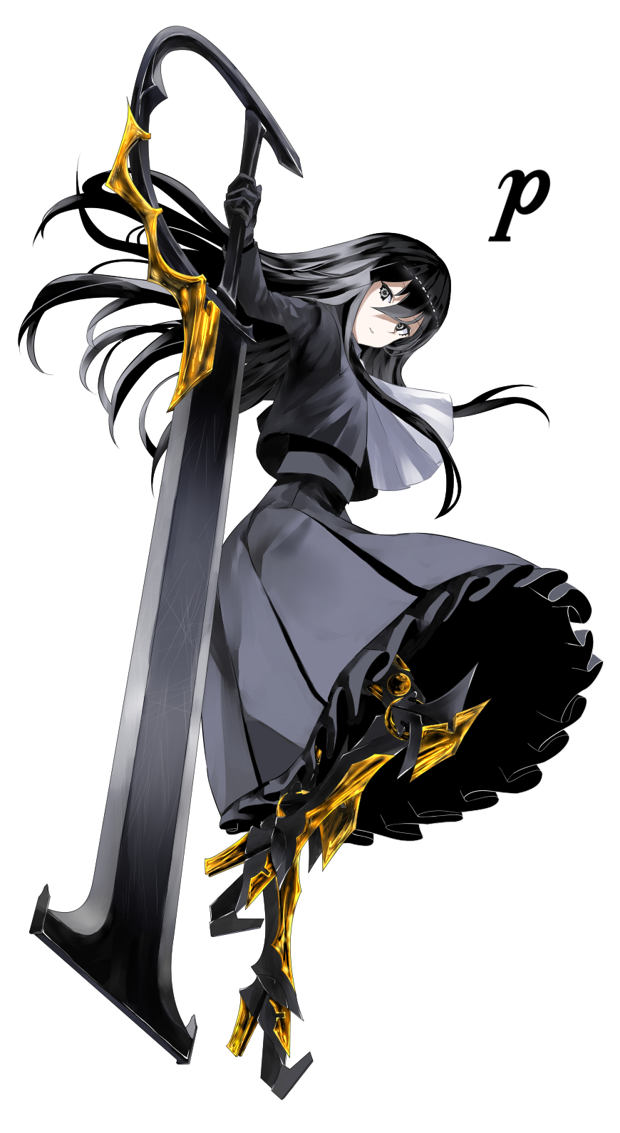 1girl black_dress black_eyes black_footwear black_gloves black_hair boots dress full_body gloves hand_up highres holding holding_sword holding_weapon knee_boots long_hair looking_at_viewer original personification piano_(symbol) simple_background sword tsuki-shigure very_long_hair weapon white_background