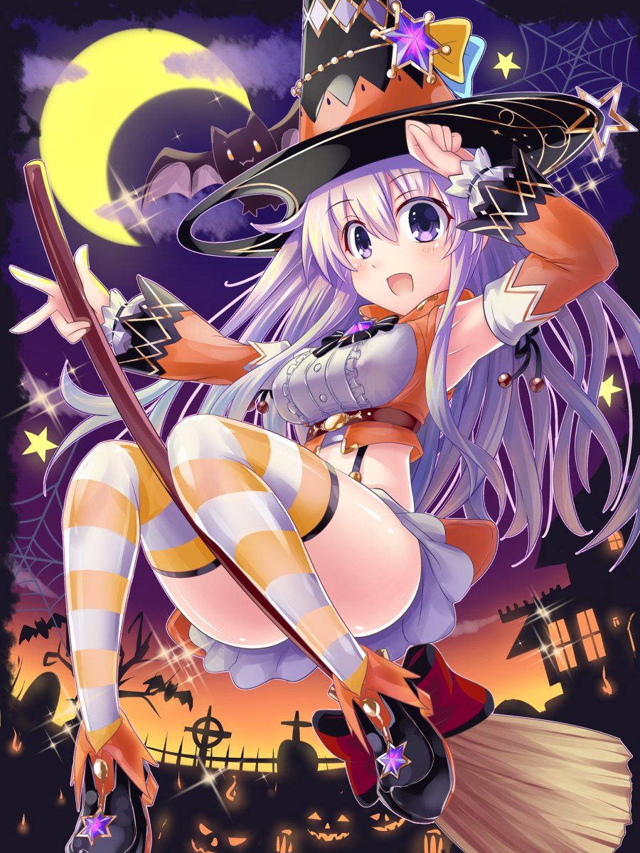 1girl arm_up armpits ass bare_shoulders broom broom_riding convenient_leg crop_top detached_sleeves halloween halloween_costume hat highres holding holding_broom jack-o'-lantern kazuneko_(wktk1024) looking_at_viewer midriff miniskirt moon nepgear neptune_(series) night night_sky open_mouth purple_hair shirt silk skirt sky solo spider_web star striped striped_legwear suspenders thigh-highs violet_eyes white_shirt witch_hat