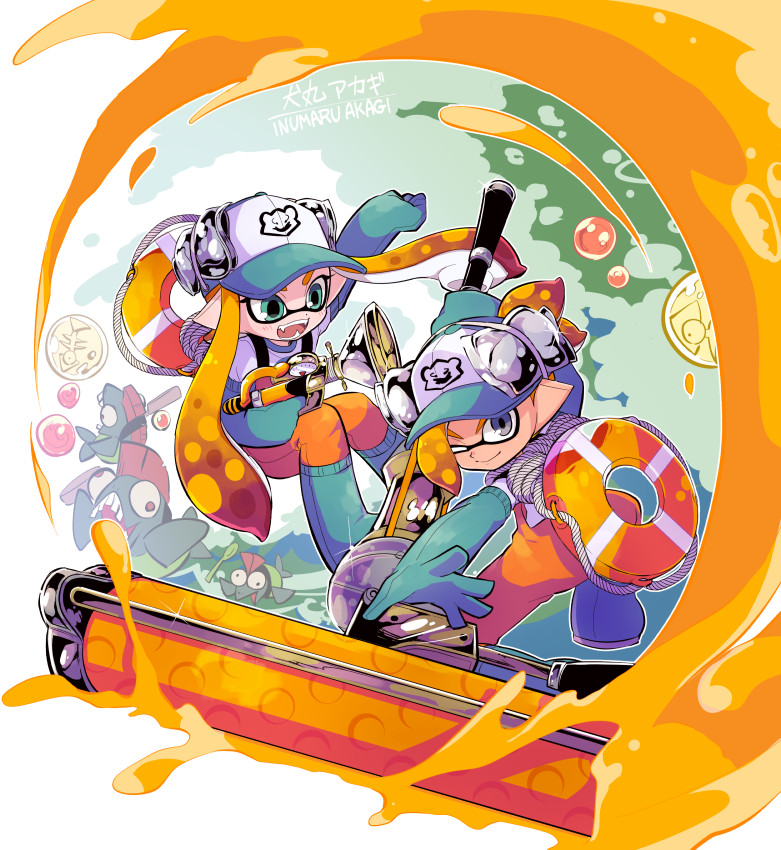 1boy 1girl :0 action artist_name bangs baseball_cap black_eyes blunt_bangs boots closed_mouth commentary_request domino_mask dynamo_roller_(splatoon) fangs foreshortening gloves golden_egg green_eyes green_footwear green_gloves green_hat hat holding holding_weapon inkling inumaru_akagi lifebuoy long_hair long_sleeves looking_at_another looking_at_viewer mask one_eye_closed open_mouth orange_overalls overalls paint_splatter pointy_ears print_hat rope rubber_boots rubber_gloves salmon_run salmonid shirt short_hair smile sparkle splatoon splatoon_(series) splatoon_2 sploosh-o-matic_(splatoon) standing tentacle_hair v-shaped_eyebrows weapon white_shirt