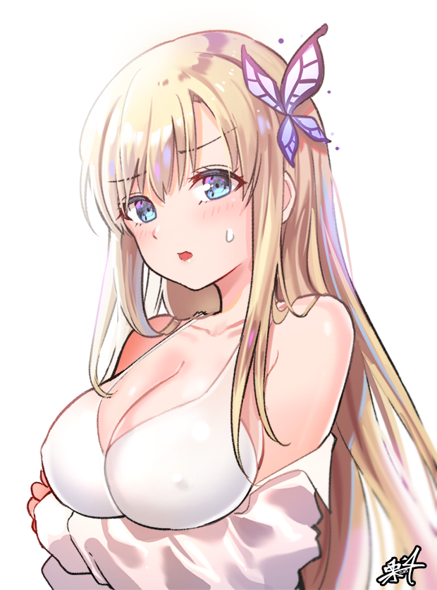 1girl bangs bare_shoulders blonde_hair blue_eyes blush boku_wa_tomodachi_ga_sukunai bra breast_hold breasts butterfly_hair_ornament cleavage collarbone commentary_request covered_nipples eyebrows_visible_through_hair hair_between_eyes hair_ornament head_tilt kashiwazaki_sena kuri_choko large_breasts long_hair off_shoulder parted_lips revision shirt signature simple_background solo sweat sweatdrop underwear upper_body very_long_hair white_background white_bra white_shirt