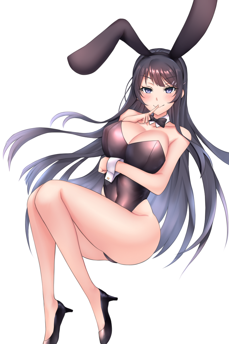 1girl animal_ears black_footwear black_hair black_leotard black_neckwear bow bowtie breasts bunny_girl bunny_tail bunnysuit cleavage crimecrime detached_collar hair_ornament hairclip high_heels highres invisible_chair large_breasts leotard long_hair looking_at_viewer rabbit_ears sakurajima_mai seishun_buta_yarou simple_background sitting smile solo strapless strapless_leotard tail violet_eyes white_background wrist_cuffs