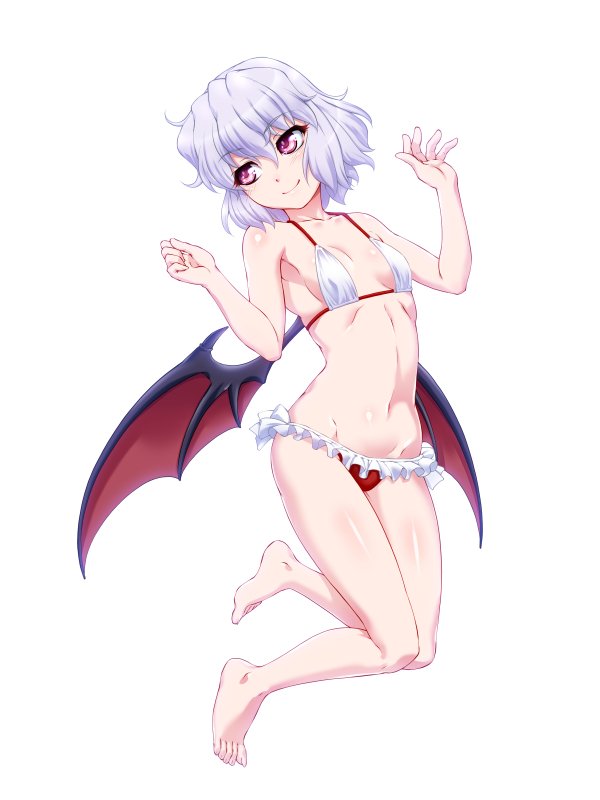 1girl bare_arms bare_legs bare_shoulders barefoot bat_wings bikini black_wings breasts collarbone commentary_request frilled_bikini_bottom full_body hair_between_eyes hands_up head_tilt jpeg_artifacts lavender_hair micro_bikini navel ootsuki_wataru pink_eyes red_bikini_bottom remilia_scarlet short_hair simple_background small_breasts smile solo stomach swimsuit touhou white_background white_bikini_top wings