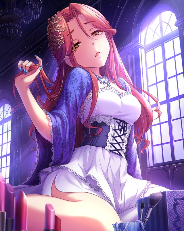 1girl artist_request blue_nails breasts brown_eyes corset cosmetics day eyebrows_visible_through_hair fingernails from_below hair_ornament idolmaster idolmaster_cinderella_girls indoors jewelry lipstick_tube long_hair looking_at_viewer nail_polish necklace official_art open_mouth redhead sitting solo sunlight window zaizen_tokiko