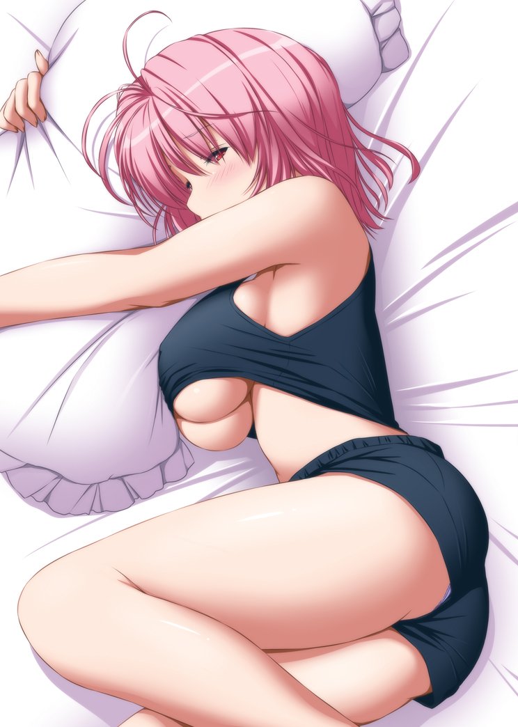 1girl ahoge alternate_costume ass bangs bare_arms bare_legs bare_shoulders bed_sheet black_shorts black_tank_top blush breasts casual clothes_lift commentary_request eyebrows_visible_through_hair frilled_pillow frills from_above half-closed_eye large_breasts lying nori_tamago object_hug on_side panties_under_shorts pillow pillow_hug pink_hair profile red_eyes saigyouji_yuyuko short_shorts shorts sketch sleeveless solo tank_top_lift touhou under_boob