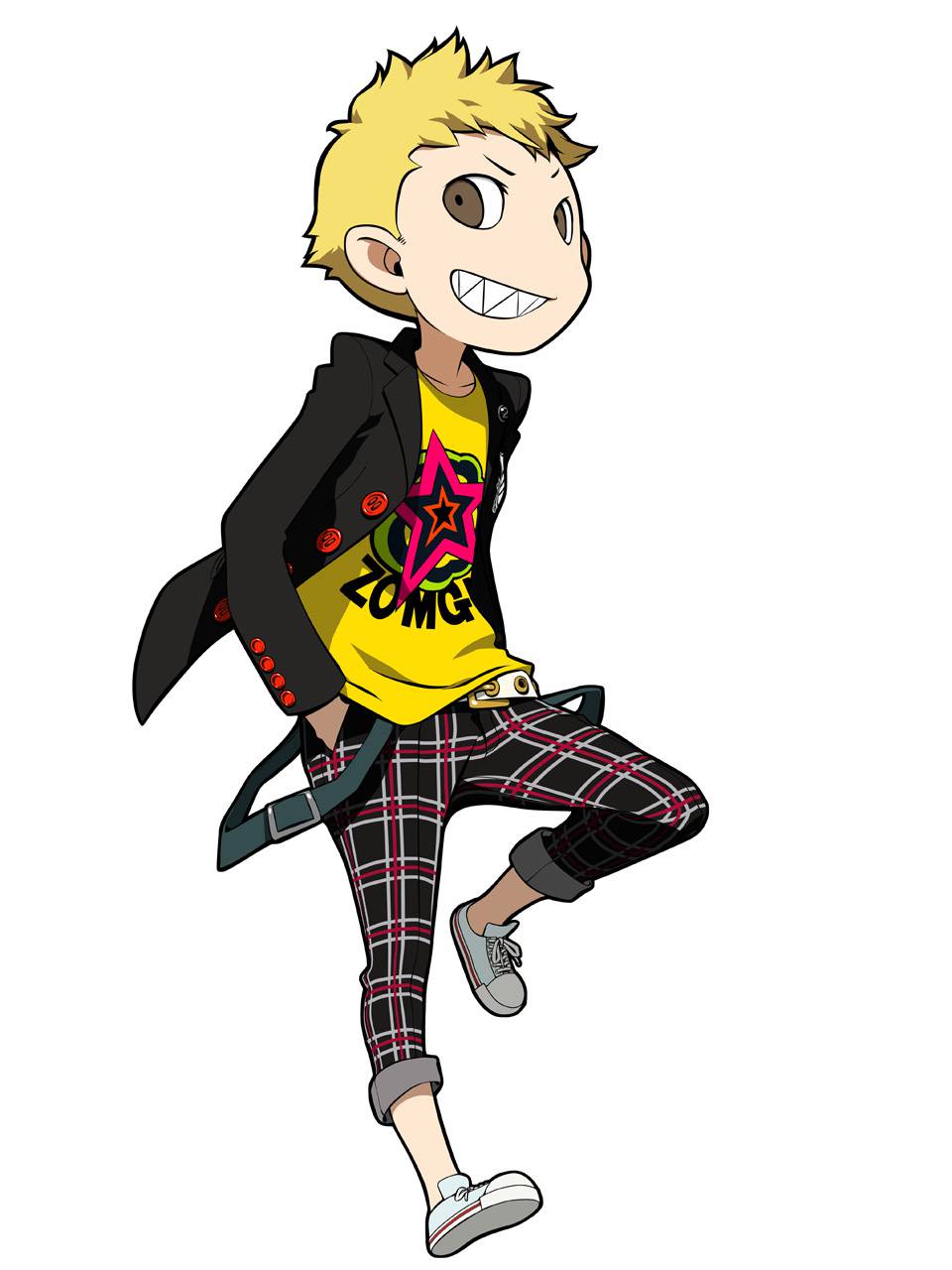 1boy blazer blonde_hair brown_eyes highres jacket official_art pants persona persona_5 persona_q2:_new_cinema_labyrinth plaid plaid_pants sakamoto_ryuuji sharp_teeth shirt shuujin_academy_uniform smile t-shirt teeth