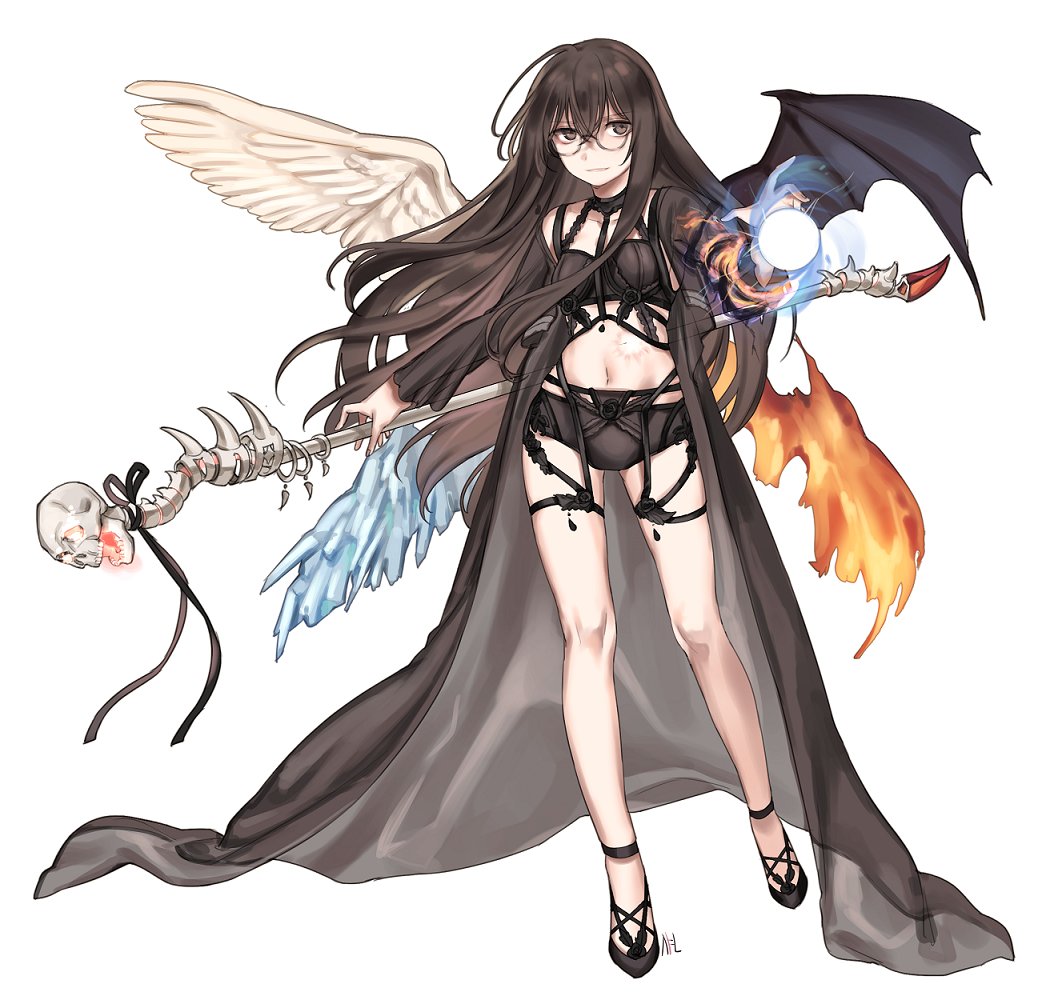 1girl asymmetrical_wings bangs bare_legs bat_wings black_choker black_cloak black_footwear black_hair black_panties black_ribbon brown_eyes character_request choker commentary_request copyright_request energy_ball eyebrows_visible_through_hair feathered_wings fiery_wings glasses grin hair_between_eyes hand_up holding holding_scepter ice ice_wings korean_commentary long_hair long_sleeves looking_at_viewer midriff navel open_cloak open_clothes panties ribbon round_eyewear scepter shan shoes simple_background smile solo stomach thighs underwear very_long_hair white_background white_wings wide_sleeves wings