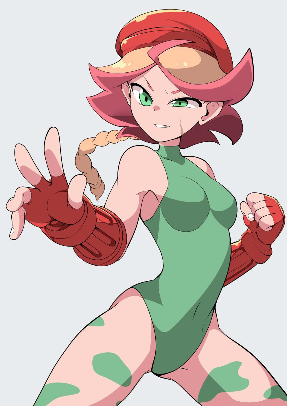 1girl alternate_costume amanda_o'neill armpit_peek bare_shoulders beret bodypaint braid breasts cammy_white cammy_white_(cosplay) clenched_hand commentary_request cosplay fighting_stance fingerless_gloves gloves green_eyes green_leotard hat highres leotard little_witch_academia outstretched_hand popopo short_hair small_breasts solo street_fighter thighs
