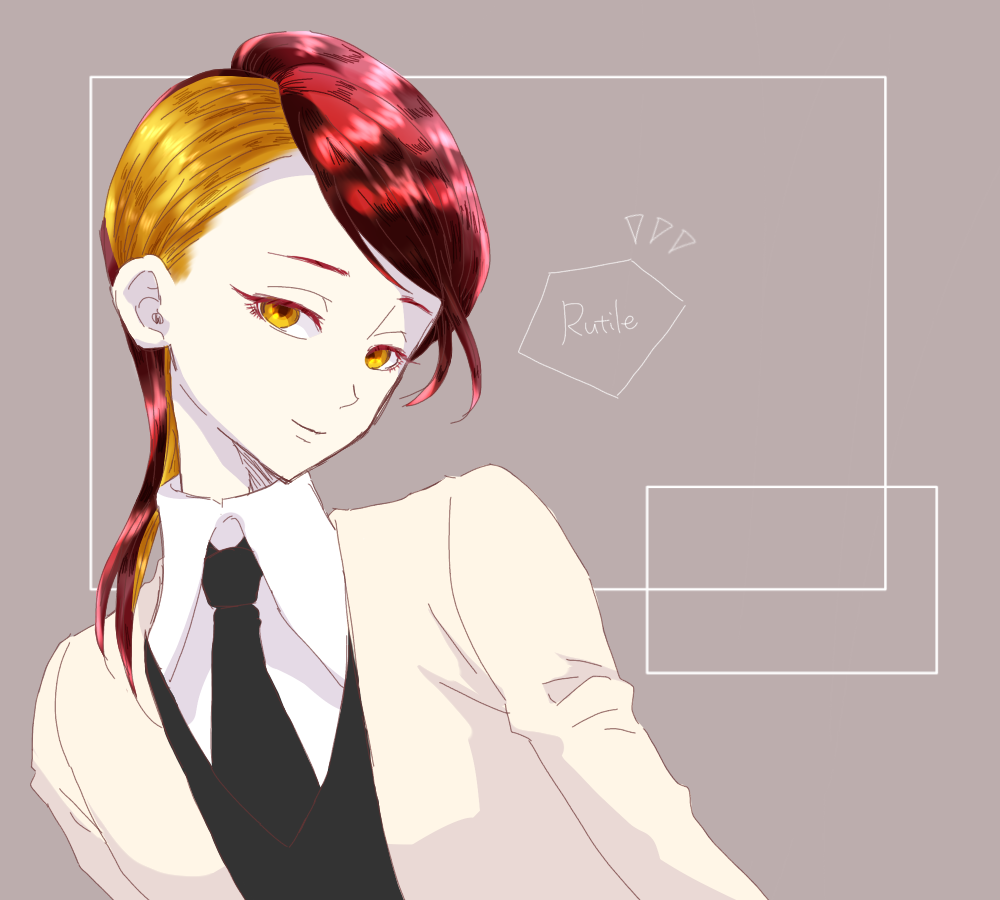 1other androgynous asymmetrical_hair blonde_hair character_name colored_eyelashes crystal_hair gem_uniform_(houseki_no_kuni) houseki_no_kuni labcoat looking_at_viewer multicolored_hair necktie redhead rutile_(houseki_no_kuni) short_hair smile solo two-tone_hair upper_body yellow_eyes