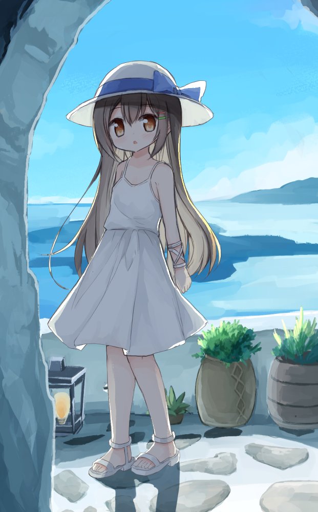 1girl :o bangs bare_shoulders blue_bow blue_sky bow brown_eyes brown_hair clouds commentary_request day dress eyebrows_visible_through_hair hair_between_eyes hair_ornament hairclip hat hat_bow head_tilt horizon lantern light_bulb long_hair ocean original outdoors parted_lips plant potted_plant sandals sky sleeveless sleeveless_dress solo standing sun_hat sundress very_long_hair water white_dress white_footwear white_hat yuuhagi_(amaretto-no-natsu)