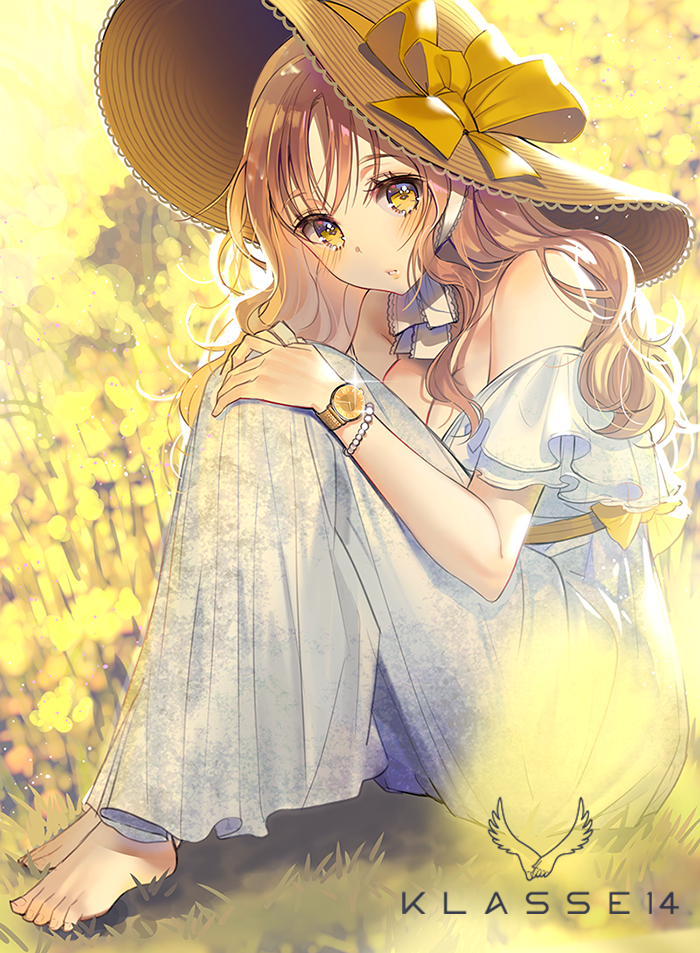 1girl barefoot blonde_hair blush bow bracelet breasts cleavage day dress hair_between_eyes hand_on_own_knee hat hat_bow honnou_(kjs9504) jewelry klasse14 long_dress long_hair looking_at_viewer medium_breasts original outdoors parted_lips sitting sleeveless sleeveless_dress solo sparkle straw_hat striped striped_dress striped_hat watch watch white_dress yellow_bow yellow_eyes yellow_hat