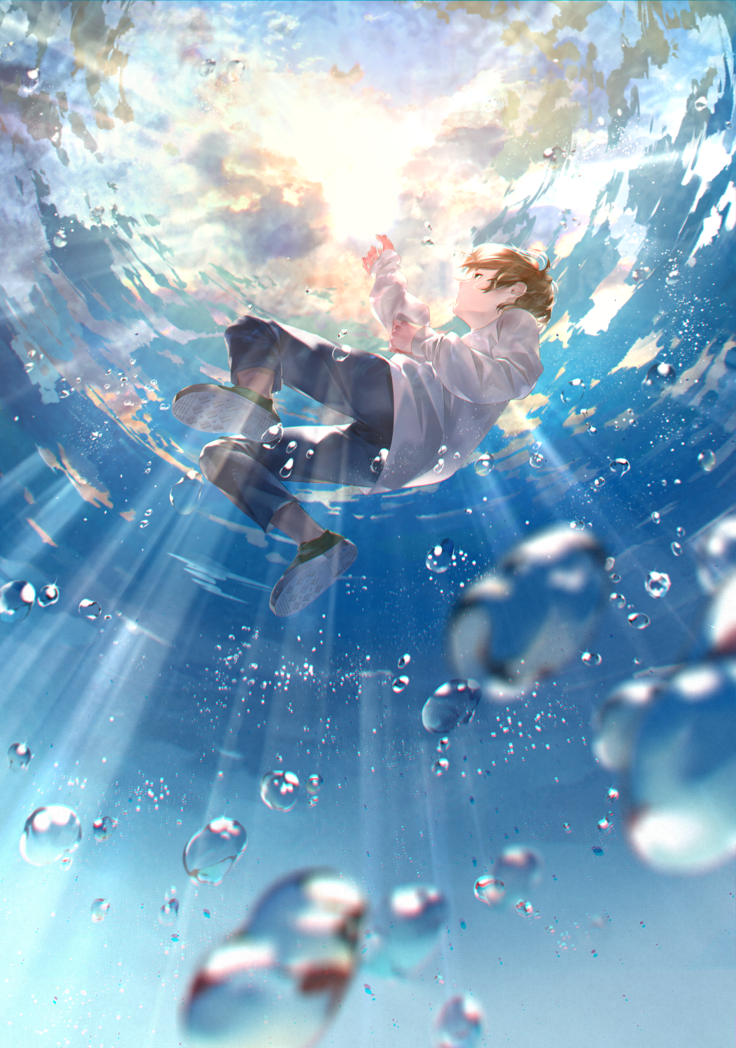 1boy air_bubble blue_pants blurry blurry_foreground brown_hair bubble caustics commentary_request day depth_of_field facing_away green_footwear highres light_rays long_sleeves looking_up male_focus negative_space ocean original outdoors pants profile shirt shoes short_hair sleeves_past_wrists solo sousou_(sousouworks) sunbeam sunlight surreal underwater water white_shirt