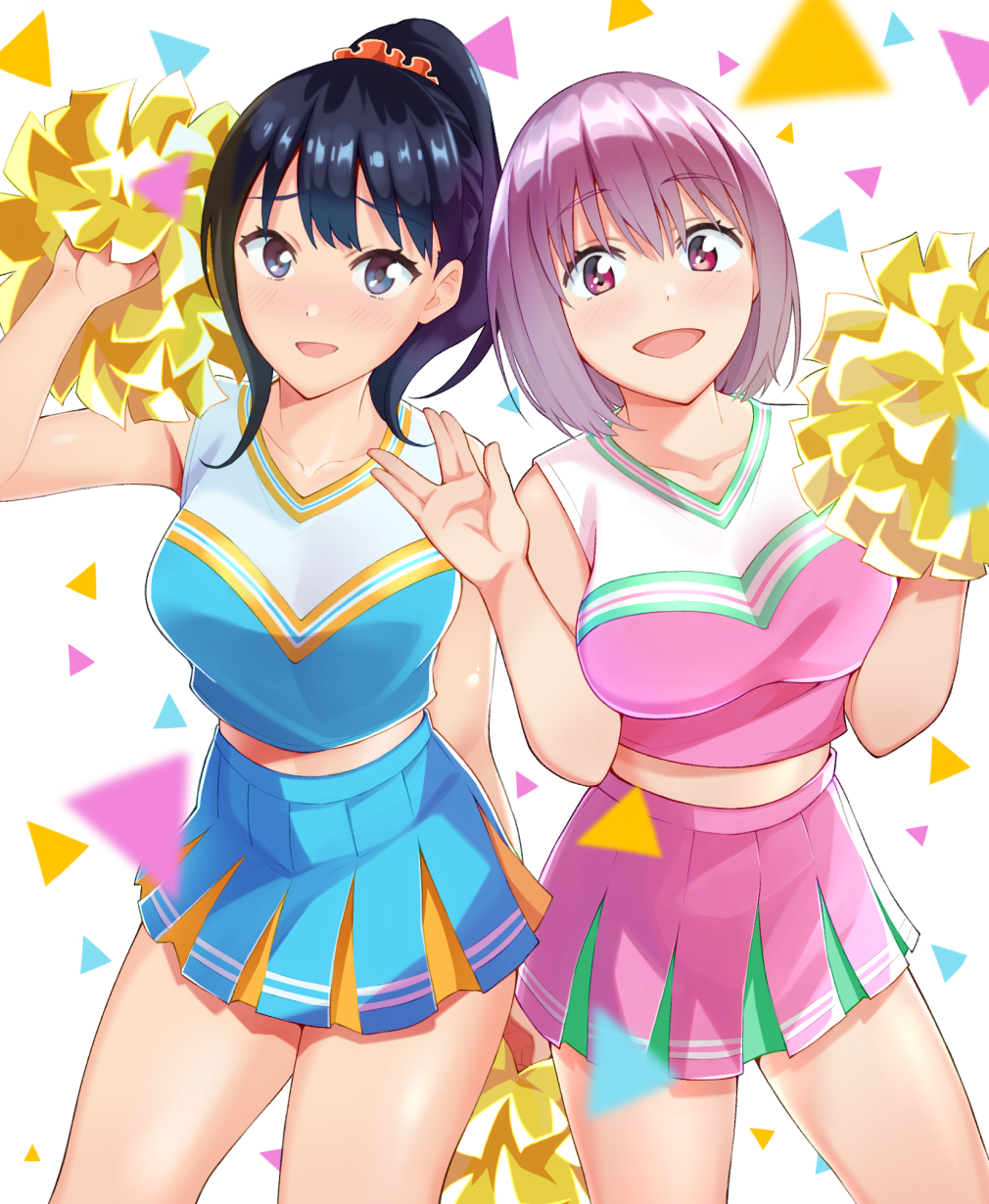 2girls :d alternate_costume arm_behind_back arm_up bare_arms bare_legs black_hair blue_eyes blue_skirt blurry blush breasts cheerleader collarbone confetti depth_of_field eyebrows_visible_through_hair female hair_between_eyes hair_ornament hair_scrunchie hand_up hands_up happy highres large_breasts lavender_hair legs long_hair looking_at_viewer medium_breasts midriff multiple_girls nanashiproject neck open_mouth orange_scrunchie pink_skirt pleated_skirt pom_poms ponytail red_eyes scrunchie shinjou_akane shiny shiny_hair short_hair side-by-side skirt sleeveless smile ssss.gridman standing takarada_rikka v white_background