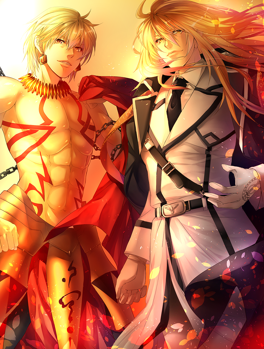 2boys abs armor blonde_hair crossover dies_irae earrings fate/grand_order fate_(series) gilgamesh gloves jacket_on_shoulders jewelry long_hair looking_at_viewer mia_(gute-nacht-07) multiple_boys muscle necklace necktie reinhard_tristan_eugen_heydrich tattoo uniform
