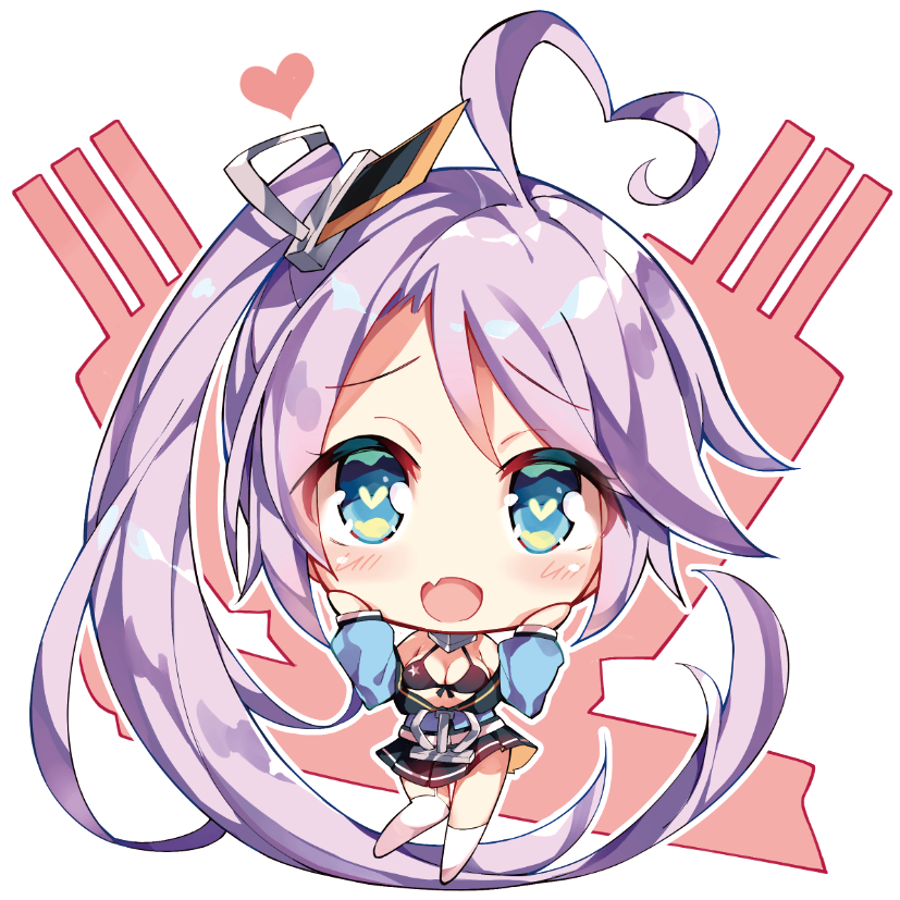 1girl :d ahoge anchor azur_lane bangs bare_shoulders black_bikini_top black_skirt blue_eyes blue_shirt blush breasts chibi cleavage commentary_request detached_collar eyebrows_visible_through_hair fang full_body hair_ornament hands_on_own_cheeks hands_on_own_face heart heart-shaped_pupils heart_ahoge long_hair long_sleeves looking_at_viewer medium_breasts miniskirt mismatched_legwear off_shoulder open_mouth pleated_skirt portland_(azur_lane) purple_hair shirt side_ponytail simple_background skirt smile solo star star_print symbol-shaped_pupils turret unacchi_(nyusankin) very_long_hair white_background white_legwear