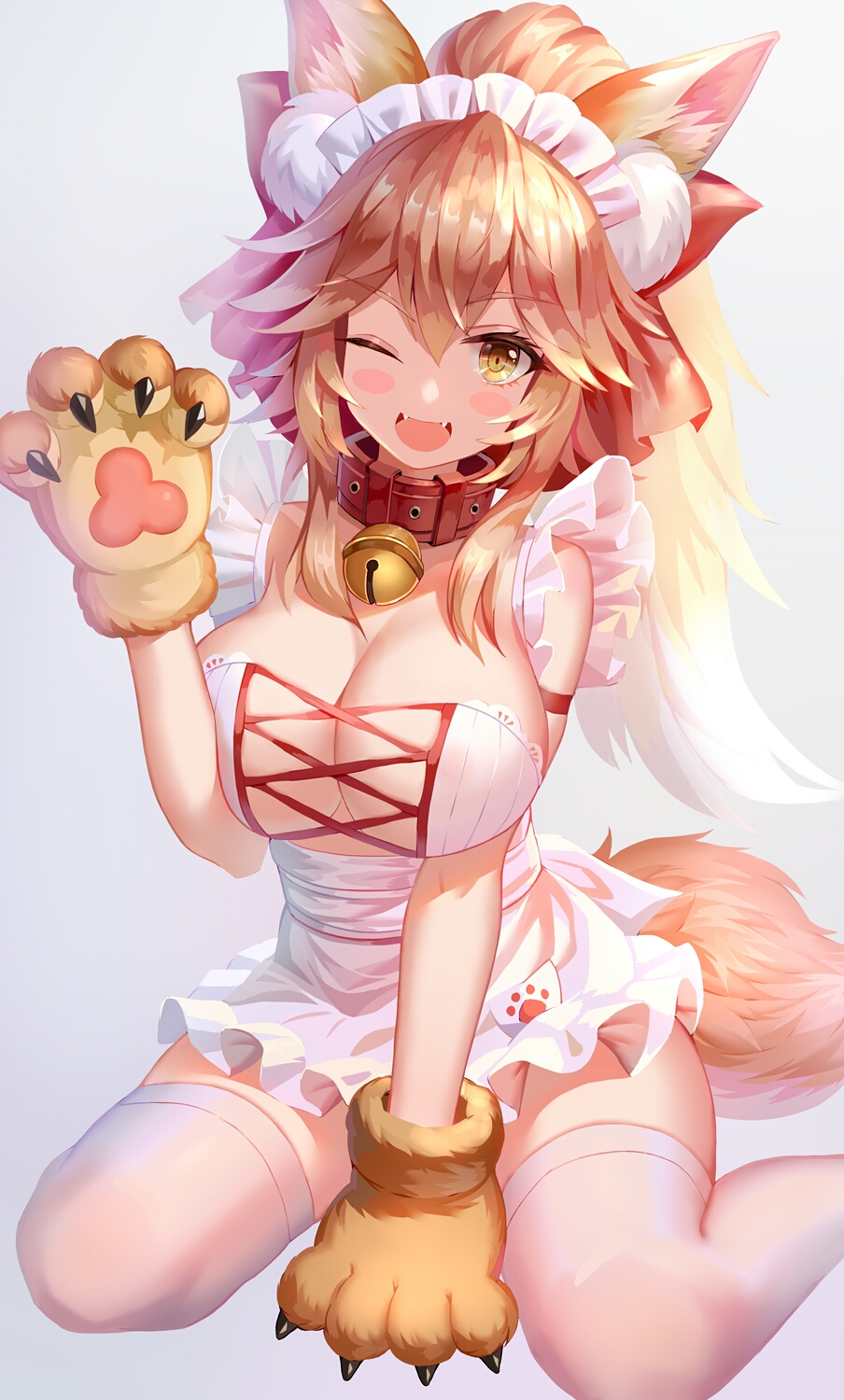 1girl aaeru animal_ears apron bangs bell bell_collar blonde_hair blush_stickers breasts claws cleavage collar eyebrows_visible_through_hair fangs fate/grand_order fate_(series) fox_ears fox_tail gradient gradient_background gradient_hair grey_background head_tilt highres jingle_bell large_breasts long_hair looking_at_viewer maid_apron maid_headdress multicolored_hair open_mouth paws pink_hair ponytail red_collar sitting smile solo tail tamamo_(fate)_(all) tamamo_cat_(fate) tamamo_no_mae_(fate) thigh-highs wariza white_hair white_legwear yellow_eyes