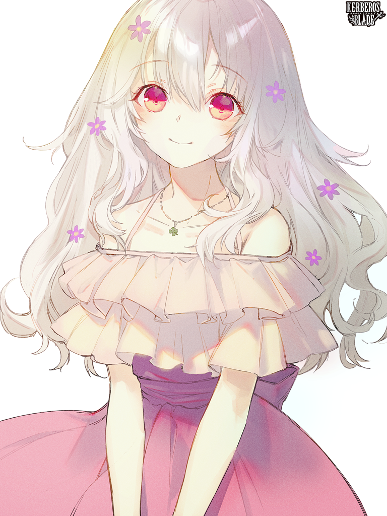 1girl blush dress elf flower hair_flower hair_ornament jewelry kerberos_blade long_hair looking_at_viewer necklace official_art pale_skin pink_dress pointy_ears red_eyes sakuma_shiki silver_hair smile solo standing very_long_hair white_background