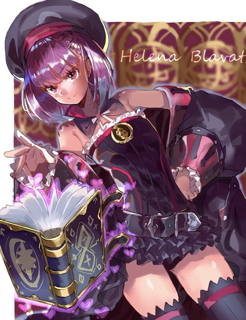 1girl bangs black_dress black_hat black_legwear black_panties book character_name cowboy_shot dress dutch_angle eyebrows_visible_through_hair fate/grand_order fate_(series) hand_on_hip hat helena_blavatsky_(fate/grand_order) layered_dress neck_ribbon open_book panties purple_hair rahanachi red_eyes ribbon shiny shiny_hair short_dress short_hair solo standing striped striped_dress thigh-highs underwear white_ribbon