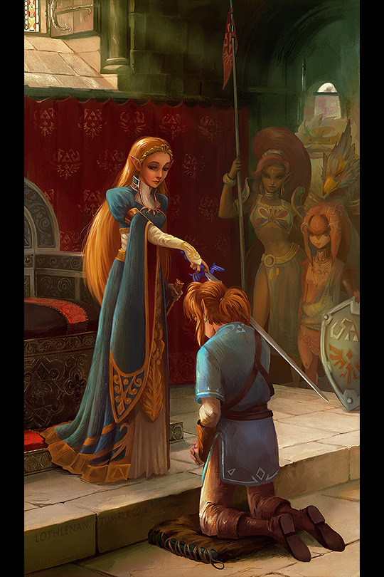 3boys 3girls blue_dress blue_tunic brown_footwear daruk dress fine_art_parody kneeling knighting link long_dress lothlenan master_sword mipha multiple_boys multiple_girls nintendo parody princess_zelda revali sword the_accolade the_legend_of_zelda the_legend_of_zelda:_breath_of_the_wild tunic urbosa weapon