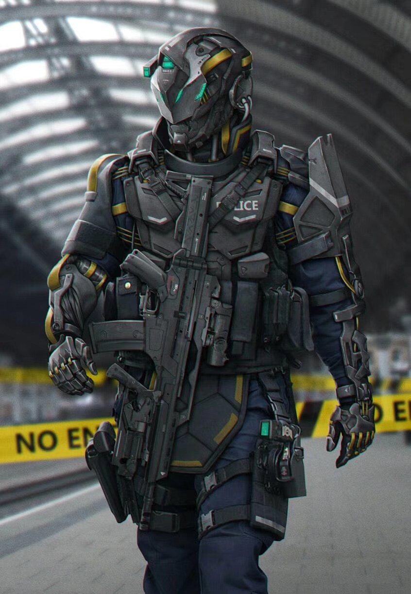 assault_rifle body_armor caution_tape cowboy_shot cyberpunk exoskeleton gun helmet highres leo837 load_bearing_vest looking_to_the_side original police power_armor rifle solo standing walking weapon