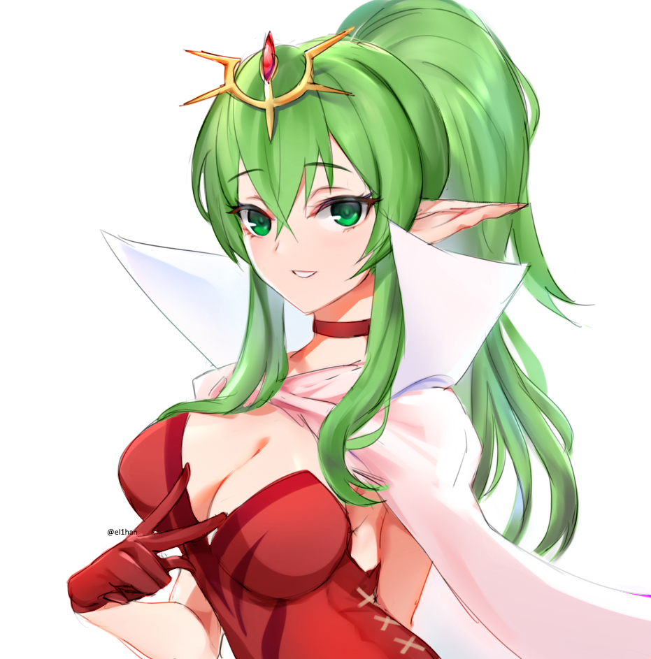 1girl breasts cape chiki cleavage ei1han fire_emblem fire_emblem:_kakusei gloves green_eyes green_hair long_hair mamkute medium_breasts nintendo parted_lips pointy_ears ponytail red_gloves simple_background solo tiara twitter_username upper_body v white_background