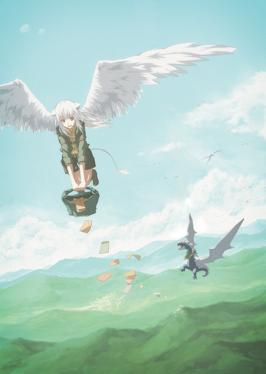 1girl bag brown_eyes brown_shorts clouds commentary day dragon dutch_angle english_commentary flying green_jacket highres holding jacket kosumone letter long_hair mailbag mailman open_mouth original outdoors shirt shorts sky sweatdrop tail white_hair white_wings wings yellow_shirt