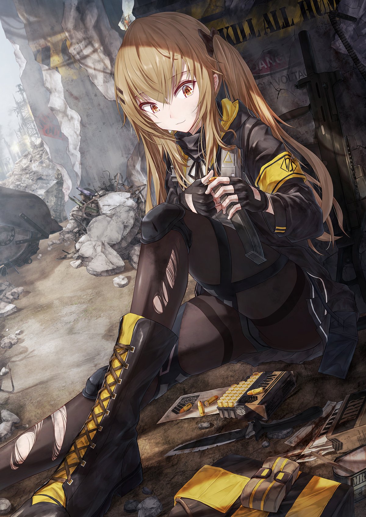 1girl :3 armband ass bae.c bangs black_footwear black_gloves black_ribbon boots breasts brown_eyes brown_hair bullet combat_knife cross-laced_footwear day eyebrows_visible_through_hair fingerless_gloves girls_frontline gloves gun h&amp;k_ump9 hair_between_eyes hair_ornament hairclip heckler_&amp;_koch highres holding holding_bullet holding_magazine_(weapon) hood hood_down hooded_jacket indoors jacket knee_boots knee_pads knee_up knife long_hair looking_at_hands neck_ribbon outdoors panties panties_under_pantyhose pantyhose reloading ribbon ruins scar scar_across_eye scarf shirt sidelocks sitting skirt smile submachine_gun thigh_strap torn_clothes torn_legwear twintails ump9_(girls_frontline) underwear weapon white_panties