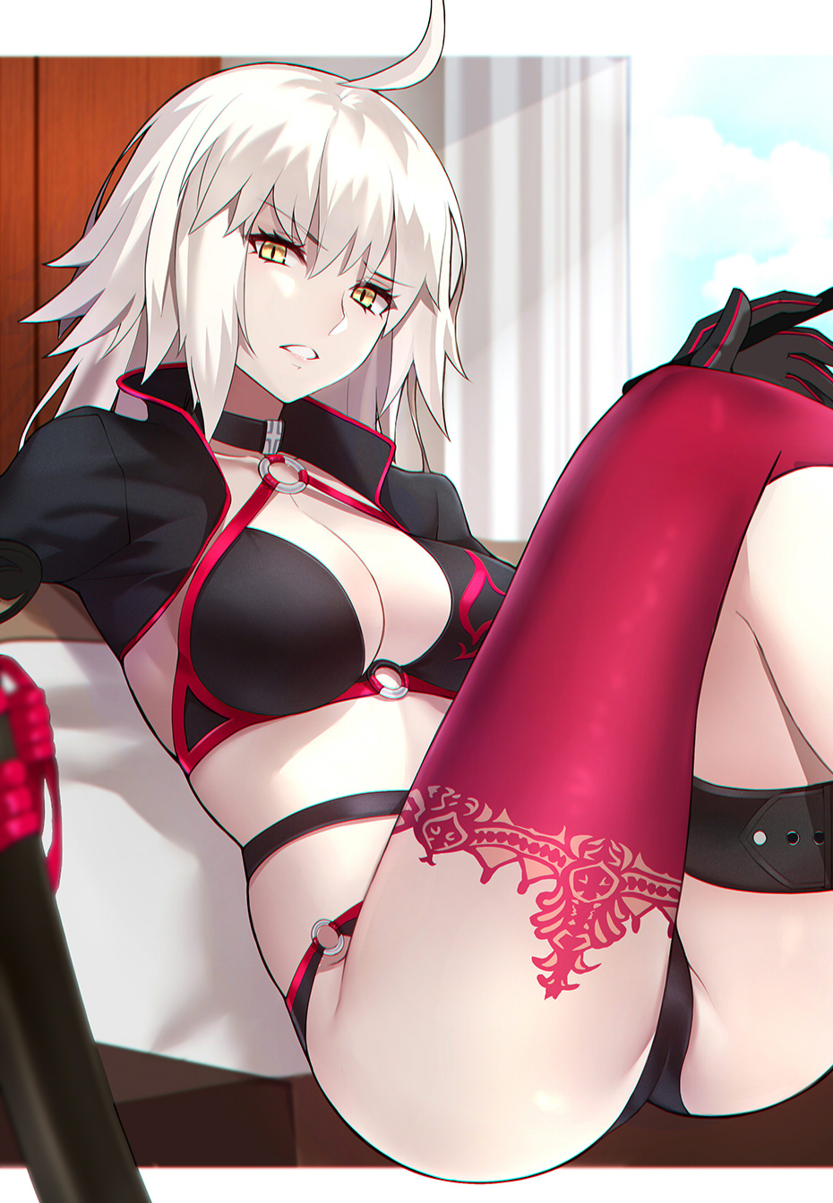1girl ahoge ass bangs bikini black_bikini black_gloves black_jacket breasts choker collarbone cropped_jacket curtains eyebrows_visible_through_hair fate/grand_order fate_(series) gloves hair_between_eyes highres hips jacket jeanne_d'arc_(alter)_(fate) jeanne_d'arc_(alter_swimsuit_berserker) jeanne_d'arc_(fate)_(all) large_breasts long_hair looking_at_viewer o-ring on_bed open_clothes open_jacket parted_lips red_legwear shiguru shrug_(clothing) silver_hair single_thighhigh slit_pupils solo swimsuit thigh-highs thigh_strap thighs very_long_hair window yellow_eyes