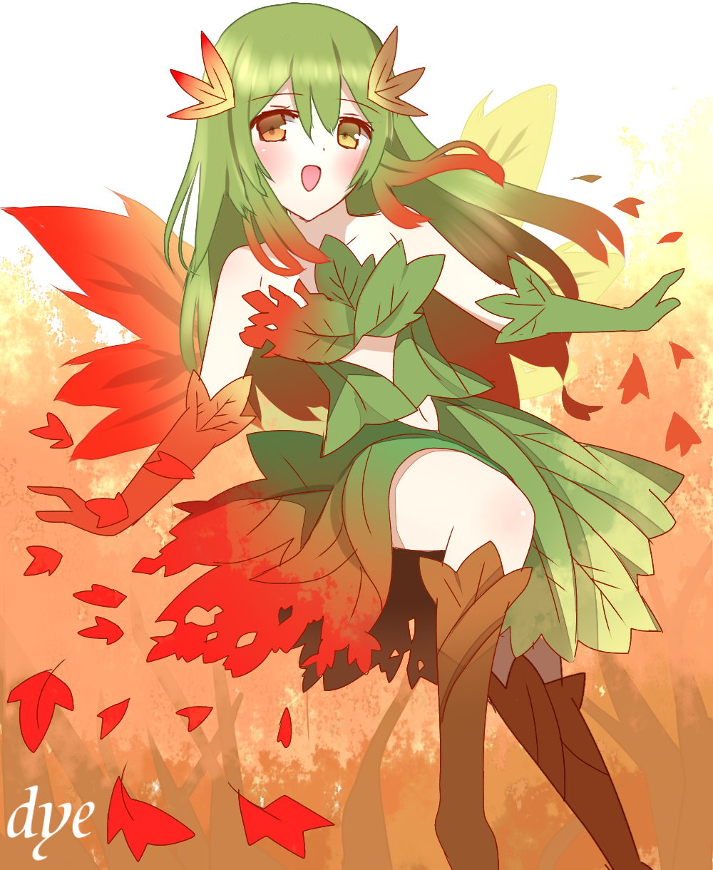1girl :d autumn_leaves bangs bare_shoulders blush brown_hair collarbone commentary_request elbow_gloves eyebrows_visible_through_hair fairy gloves gradient_hair green_eyes green_gloves green_hair green_skirt hair_between_eyes hair_ornament heterochromia highres leaf leaf_hair_ornament long_hair looking_at_viewer maple_leaf mismatched_gloves mismatched_wings multicolored_hair non_(wednesday-classic) open_mouth original red_gloves redhead skirt smile solo very_long_hair white_background wings
