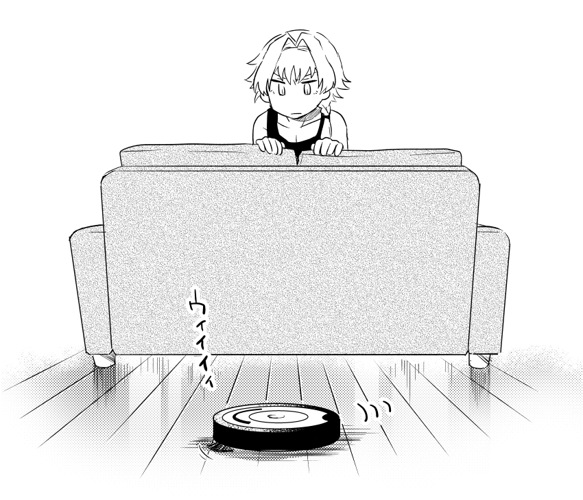 1boy azmy_(nyanbou) closed_mouth couch greyscale holding idolmaster idolmaster_side-m kizaki_ren looking_at_another looking_down male_focus monochrome robot roomba simple_background solo tank_top wooden_floor