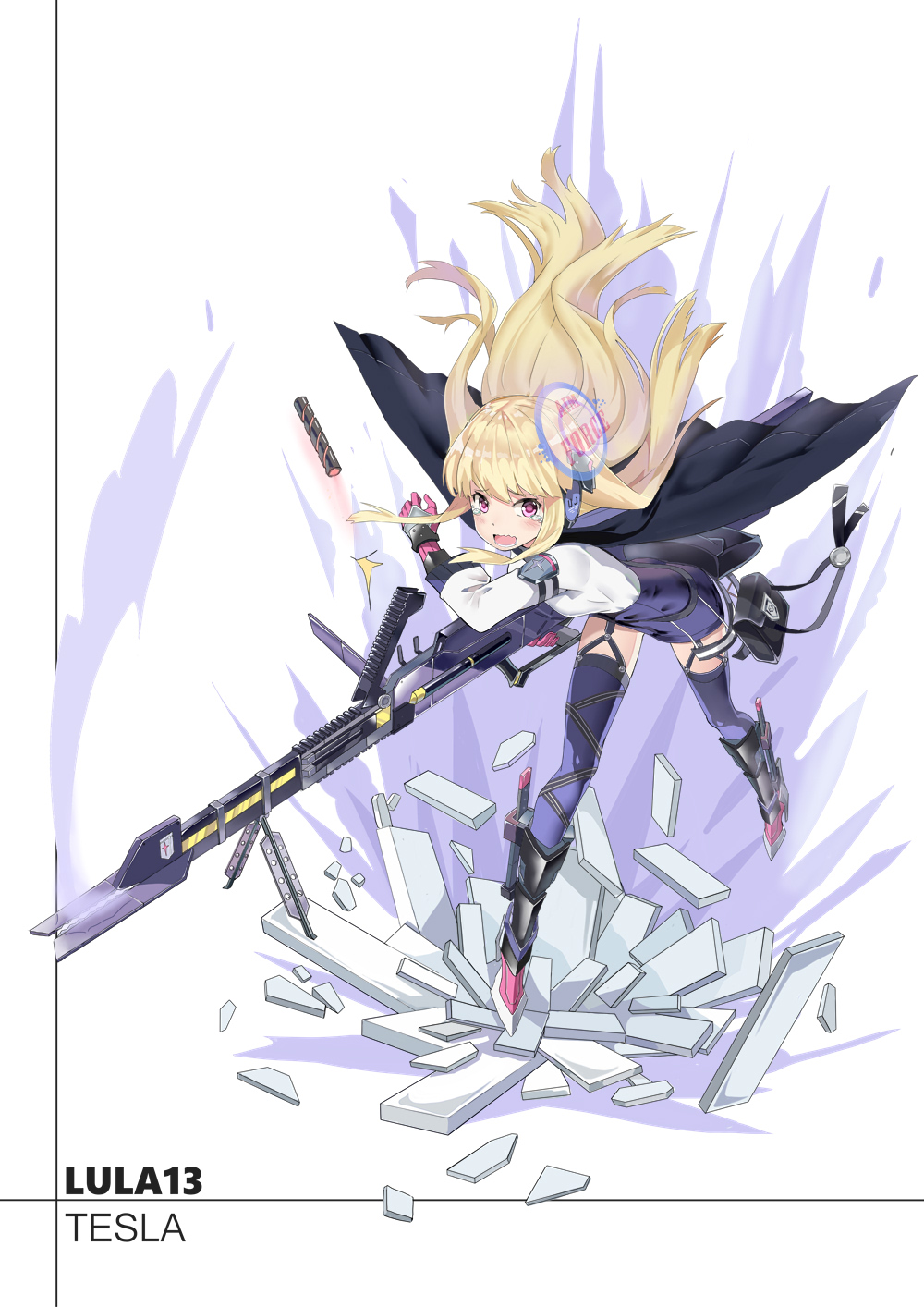 1girl artist_name black_legwear blonde_hair blush character_request copyright_request eyebrows_visible_through_hair full_body garter_straps gun highres holding holding_gun holding_weapon long_hair looking_at_viewer nervous_smile open_mouth pink_eyes qihai_lunpo solo teeth thigh-highs weapon