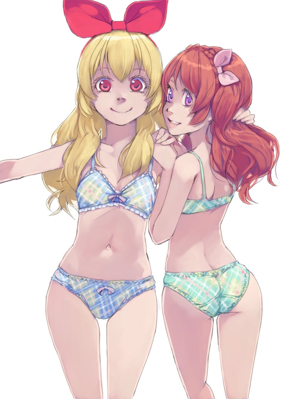 2girls aikatsu! aikatsu!_(series) akinbo_(hyouka_fuyou) blue_bra blue_hair blue_panties bow bow_panties bra breasts brown_hair cleavage collarbone frilled_bra frilled_panties frills green_bra green_panties grey_bow grin hair_bow hairband hand_in_another's_hair hands_on_another's_shoulder highres hoshimiya_ichigo long_hair looking_at_viewer multiple_girls oozora_akari outstretched_arm panties pink_eyes red_bow red_eyes red_hairband small_breasts smile standing underwear underwear_only