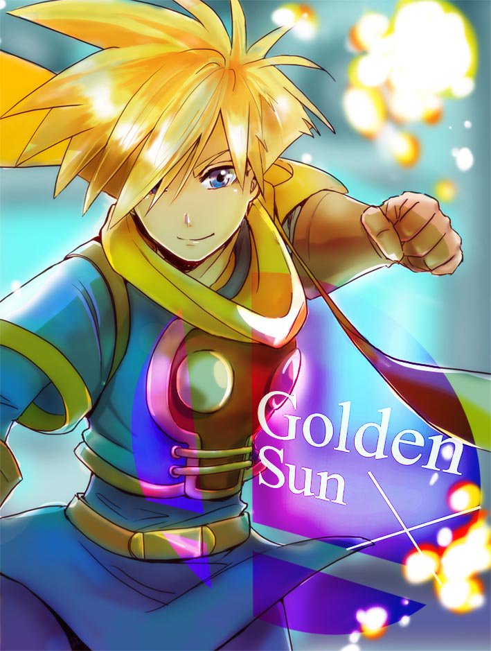 1boy blonde_hair blue_eyes camelot_(company) cape gloves golden_sun konpei looking_at_viewer male_focus nintendo punching robin_(golden_sun) scarf short_hair simple_background smile solo super_smash_bros. super_smash_bros._ultimate