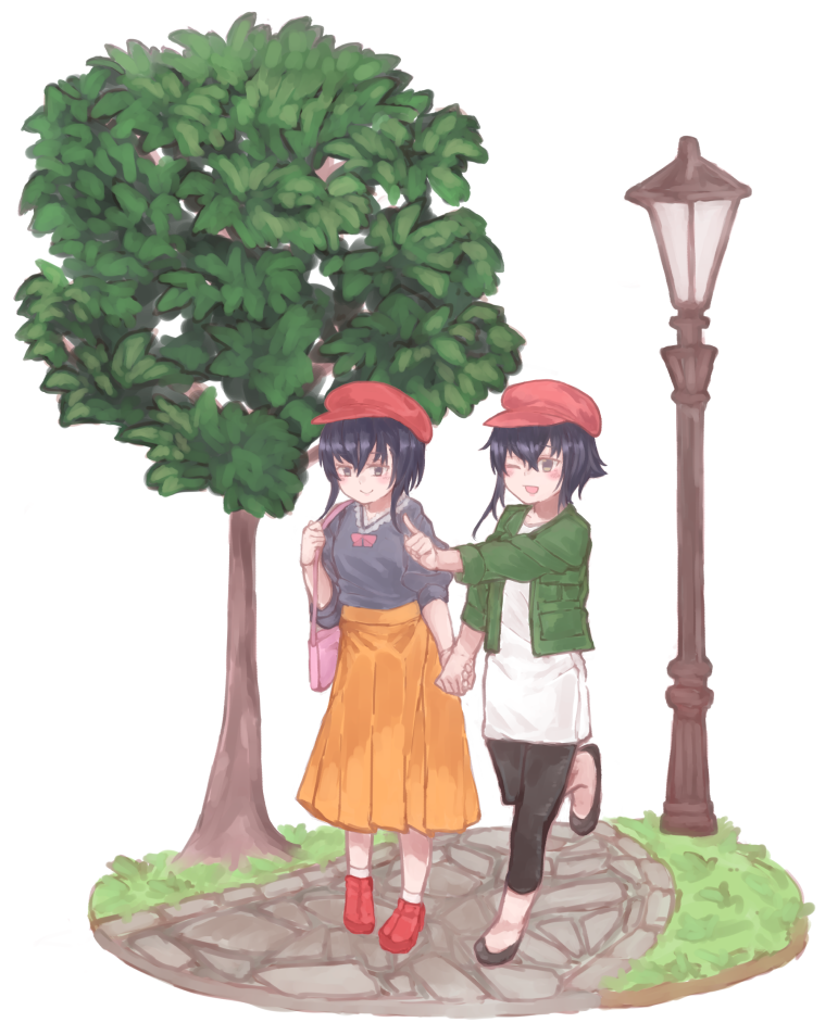 2girls alternate_costume az_toride bag beret black_hair black_pants black_shirt brown_eyes full_body handbag hat i-13_(kantai_collection) i-14_(kantai_collection) kantai_collection lamppost long_skirt multiple_girls orange_skirt pants pointing red_hat shirt short_hair simple_background skirt sweater tree walking white_background white_sweater