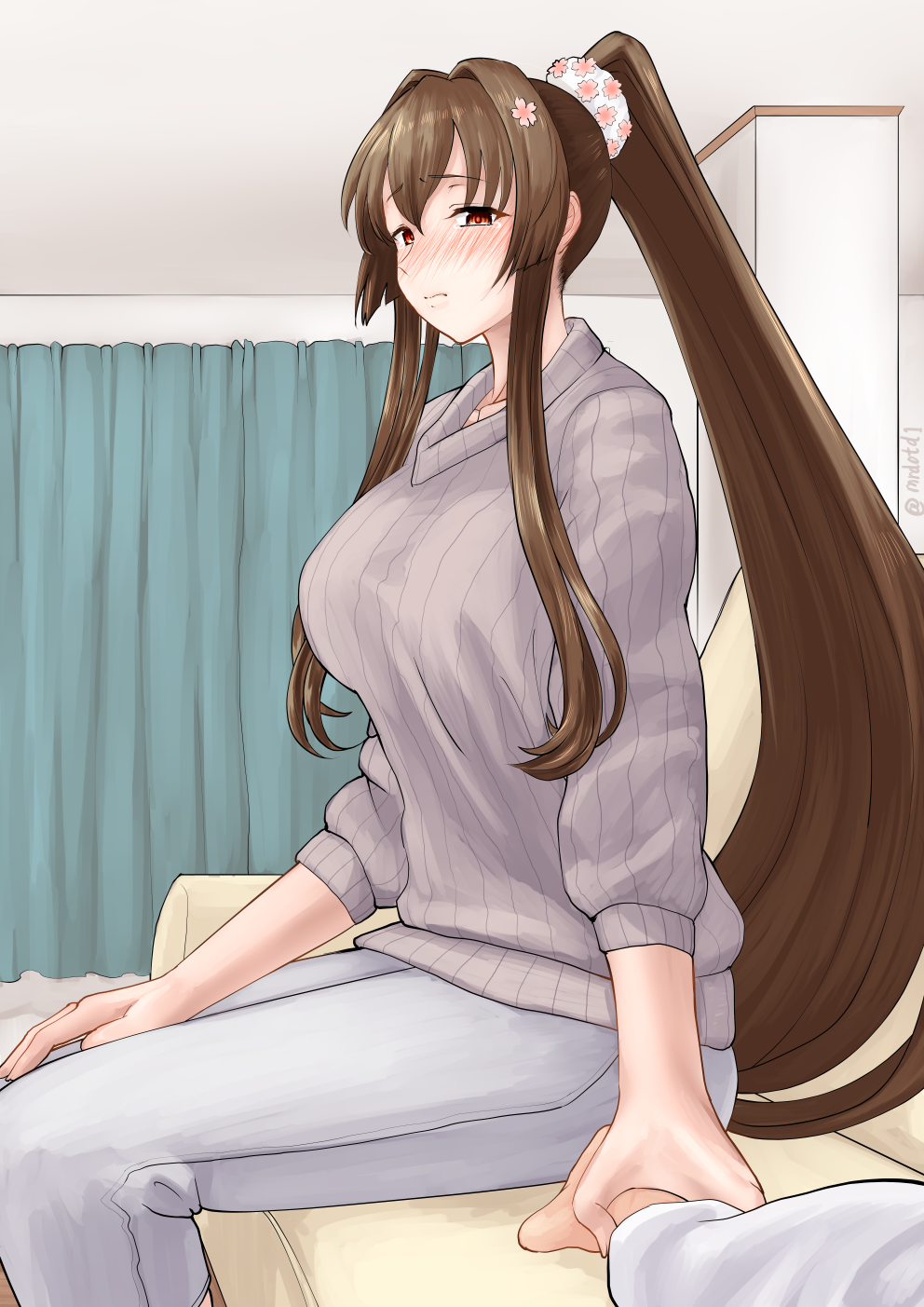 1girl blush breasts brown_hair collarbone grey_sweater hair_intakes highres holding_hand indoors kantai_collection large_breasts long_hair long_sleeves looking_at_viewer mrdotd pants ponytail red_eyes sidelocks sitting solo_focus sweater very_long_hair white_pants yamato_(kantai_collection)