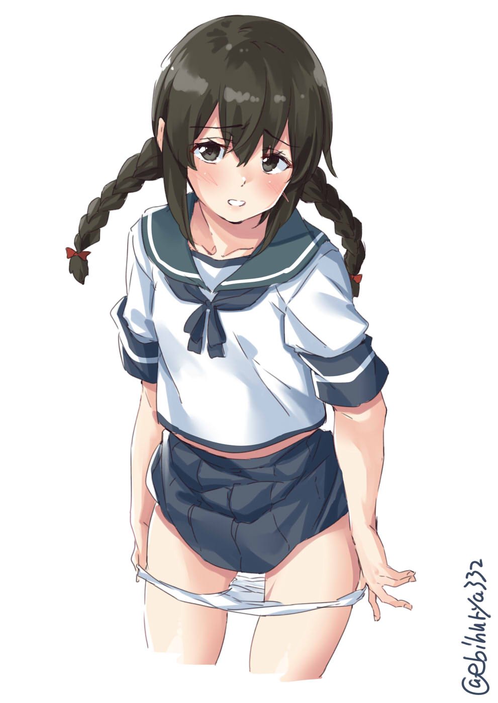 1girl black_eyes black_hair blue_skirt blush braid closed_mouth ebifurya eyebrows_visible_through_hair hair_between_eyes highres isonami_(kantai_collection) kantai_collection looking_at_viewer panties pleated_skirt school_uniform serafuku short_sleeves sidelocks skirt solo twitter_username underwear white_panties