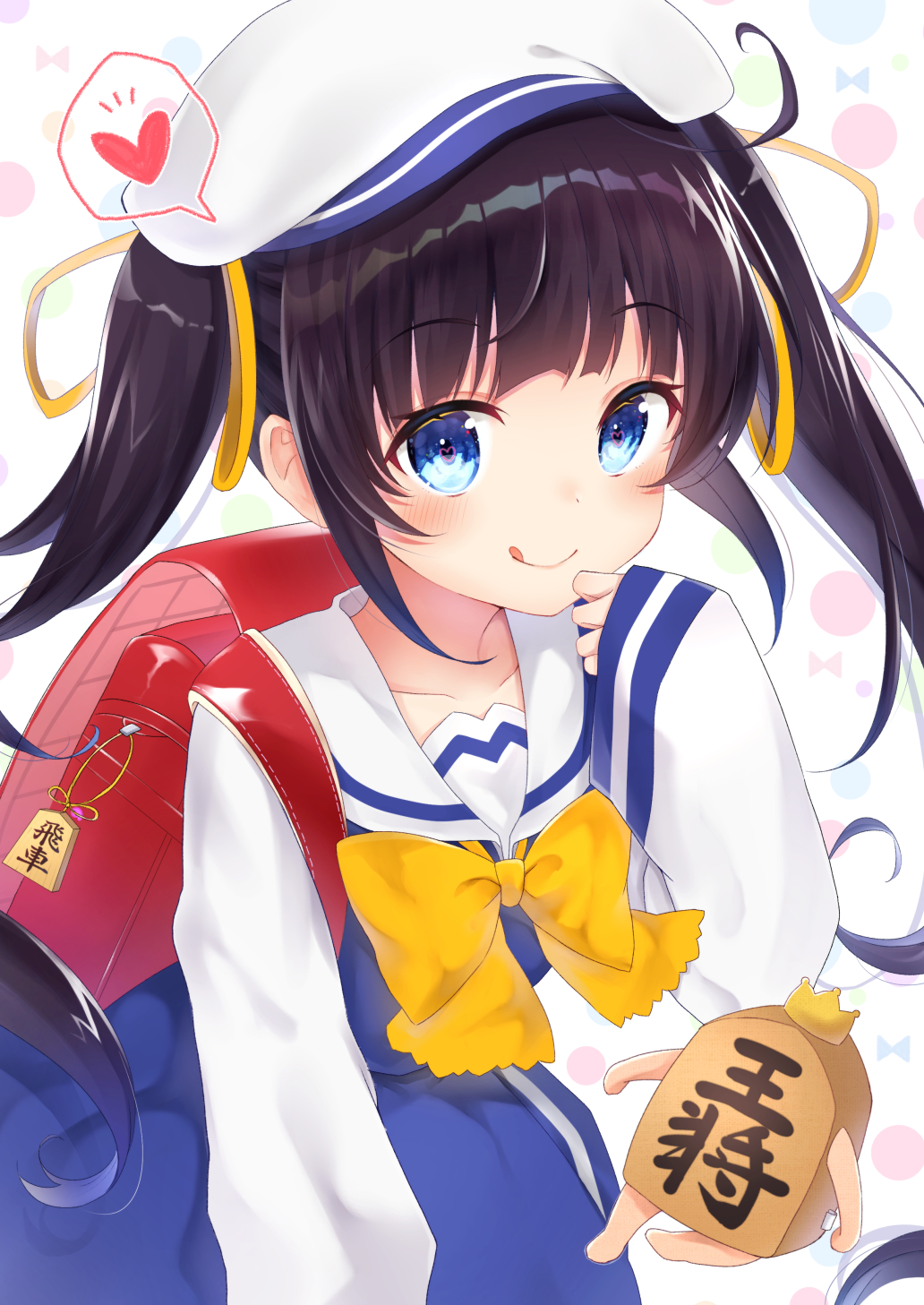 1girl :q ahoge backpack bag bangs beret blue_dress blue_eyes blush bow brown_hair closed_mouth collarbone commentary_request crown dress eyebrows_visible_through_hair gyozanuko hair_ribbon hand_up hat heart heart-shaped_pupils highres hinatsuru_ai long_hair long_sleeves looking_at_viewer mini_crown randoseru ribbon ryuuou_no_oshigoto! sailor_collar school_uniform shirt shougi_piece sidelocks sleeveless sleeveless_dress sleeves_past_wrists smile solo spoken_heart symbol-shaped_pupils tongue tongue_out two_side_up very_long_hair white_hat white_sailor_collar white_shirt yellow_bow yellow_ribbon