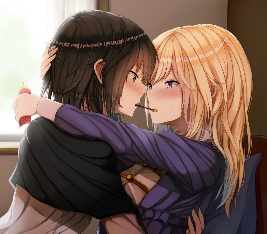2girls bangs blonde_hair blush brown_eyes brown_hair capelet face-to-face food fumei_(mugendai) holding holding_food holding_pocky hug long_hair long_sleeves looking_at_another maribel_hearn multiple_girls no_hat no_headwear pocky pocky_kiss shared_food short_hair sweat touhou upper_body usami_renko violet_eyes yuri